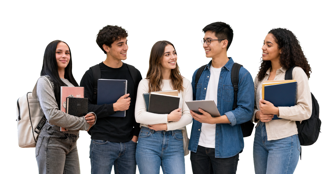 Five students standing together with notebooks and a tablet